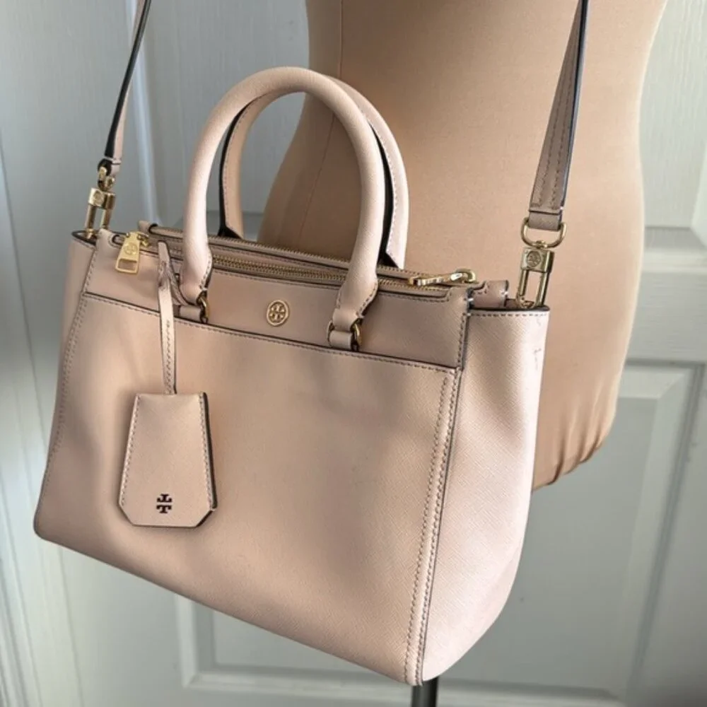 Tory Burch Double Zip Saffiano Leather Pink Tote Handbag Cossbody